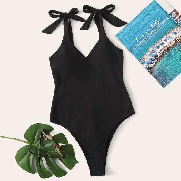 

Tie Shoulder One Piece Swimwear, Black
