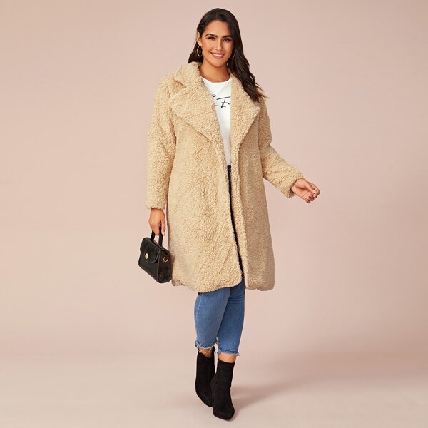 

Plus Solid Waterfall Collar Teddy Coat, Beige