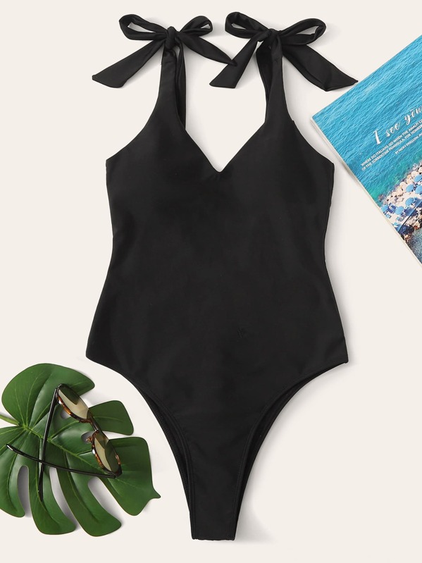 

Tie Shoulder One Piece Swimwear, Black