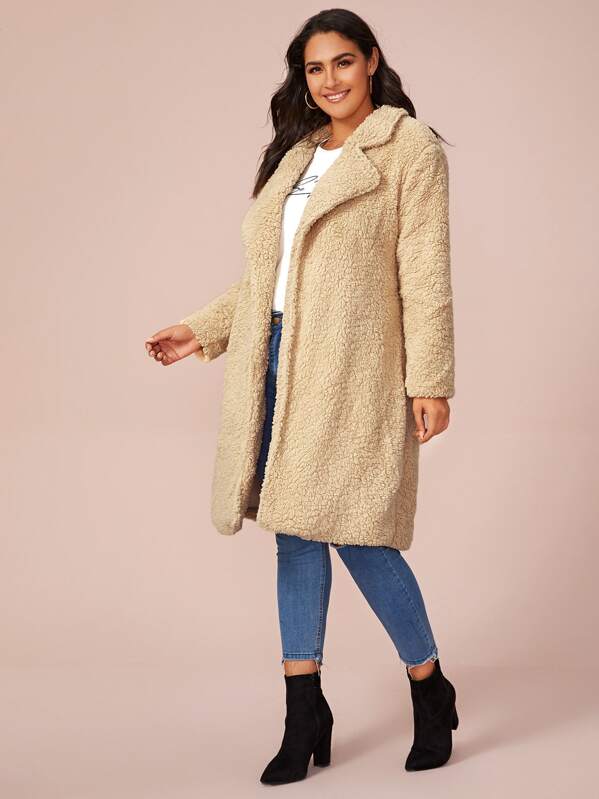

Plus Solid Waterfall Collar Teddy Coat, Beige, Ruiz Brianna
