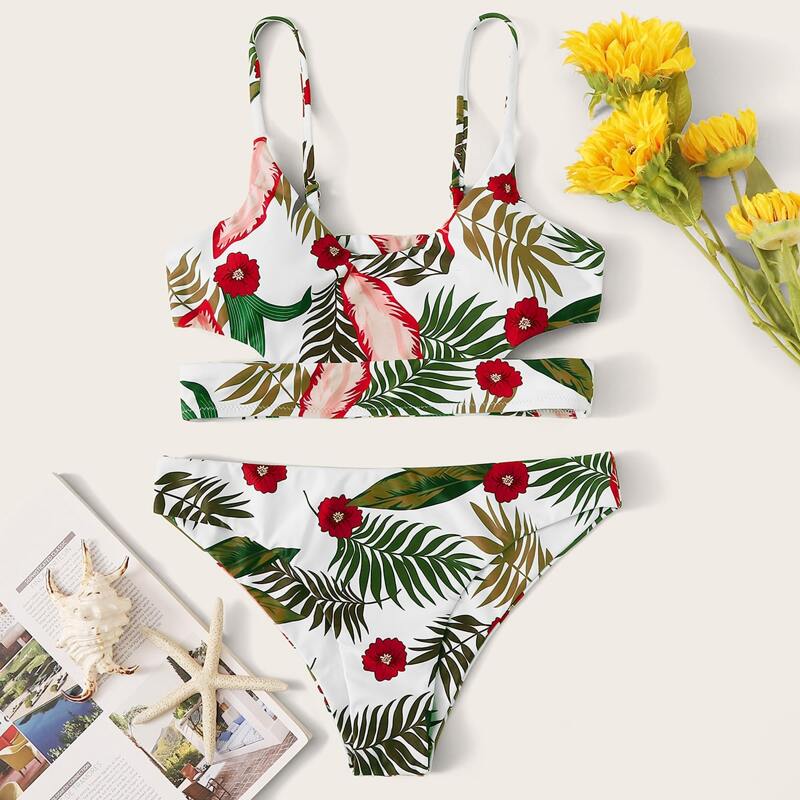 

Caged Back Tropical Print Bikini Swimsuit, Multicolor