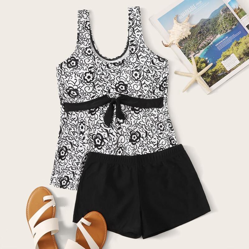 

Floral Print Top With Shorts Tankini, Black