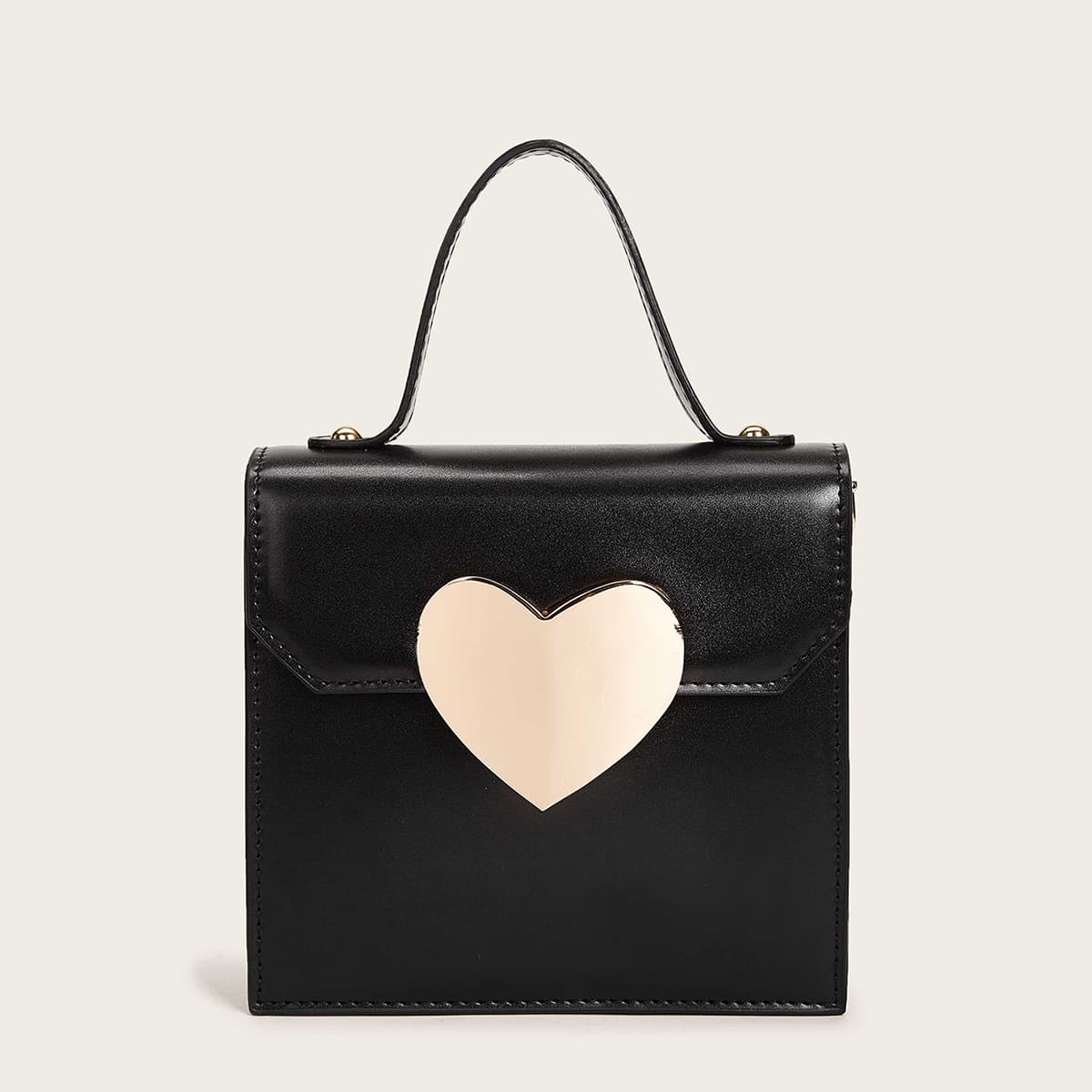 

Metal Heart Decor Satchel Bag, Black