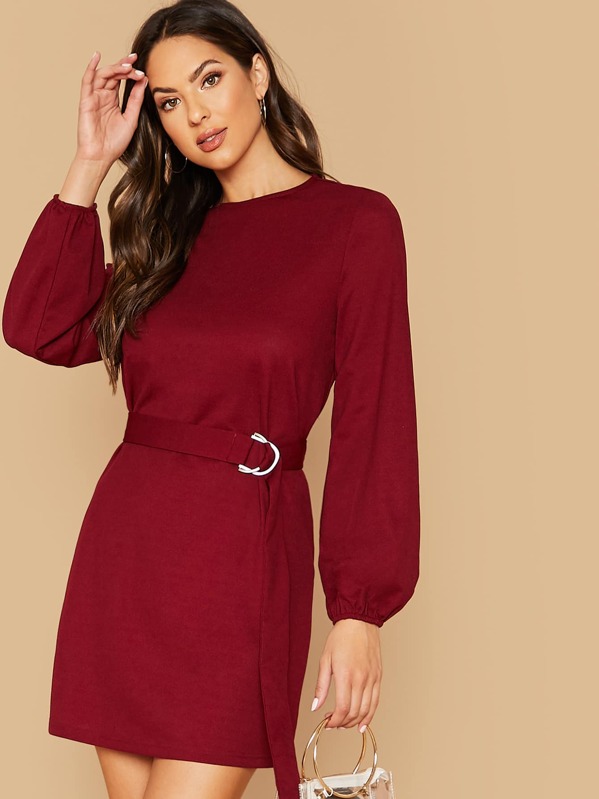 

Bishop Sleeve Belted Dress, Burgundy, Christen Harper