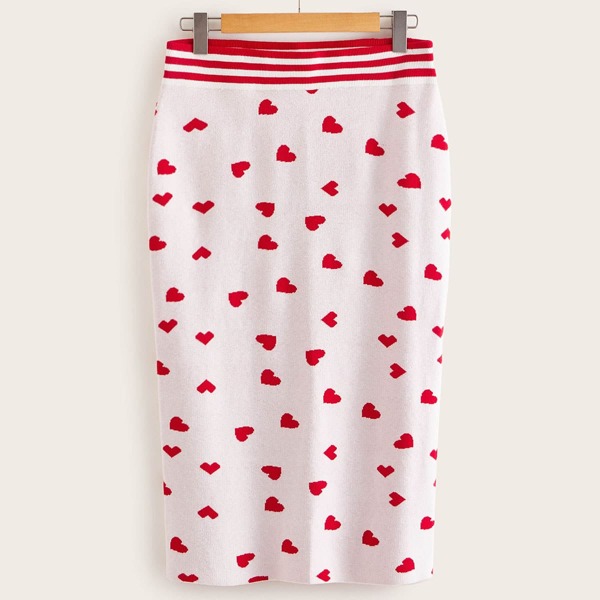 

Plus Striped Waist Heart Print Split Sweater Skirt, White