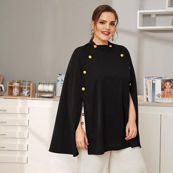 

Plus Button Detail Solid Poncho Coat, Black