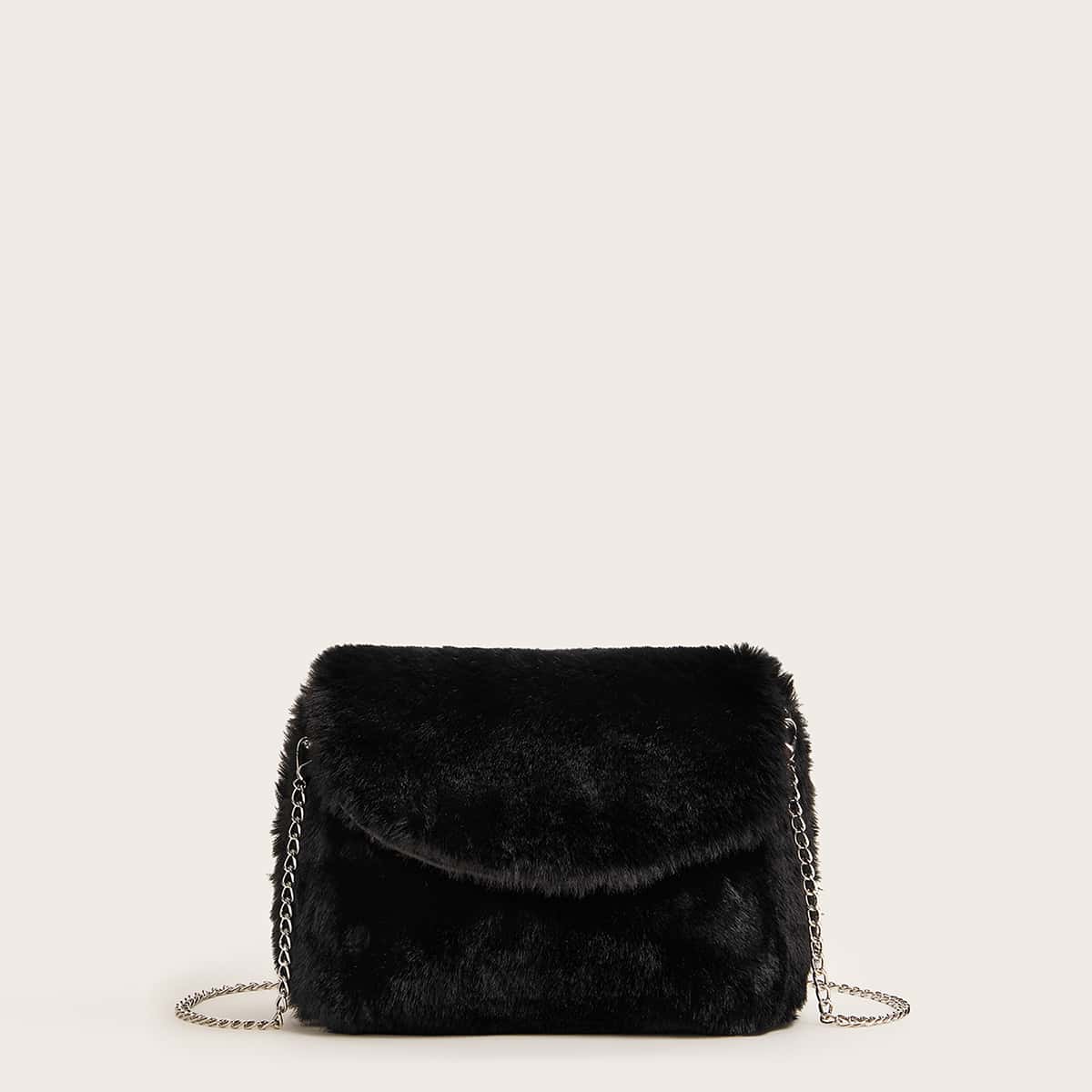 

Fluffy Flap Chain Crossbody Bag, Black