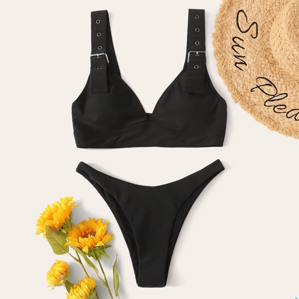 

Eyelet Buckle Top With High Cut Bikini Set, Black