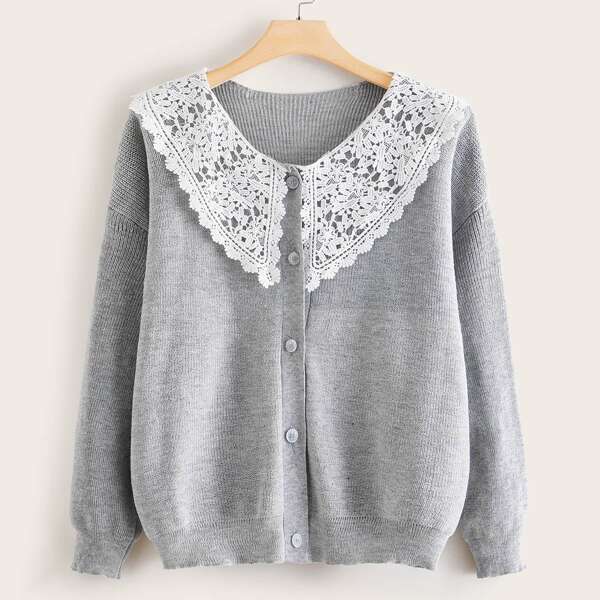 

Plus Contrast Lace Collar Button Front Cardigan, Grey