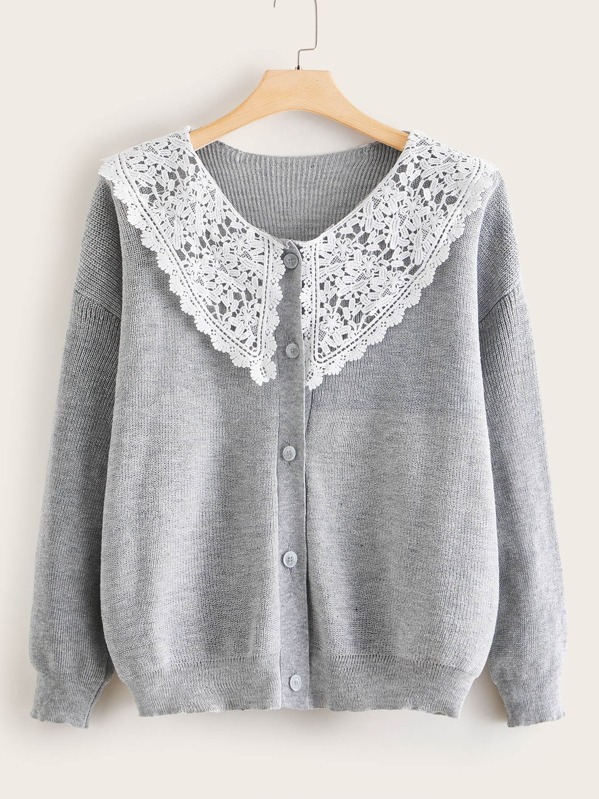 

Plus Contrast Lace Collar Button Front Cardigan, Grey