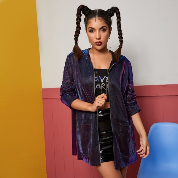 

Button Front Hooded Double Pocket Metallic Coat, Purple