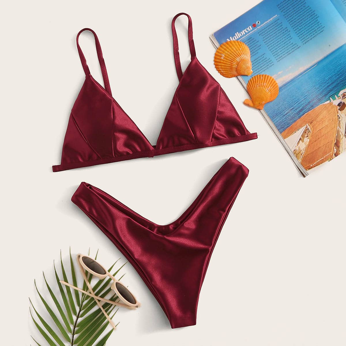 

Triangle Tie Back Top With High Cut Satin Bikini Set, Burgundy