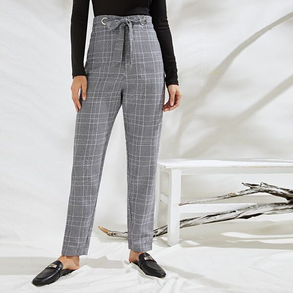 

Garment Tie Waist Glen Plaid Pants, Grey