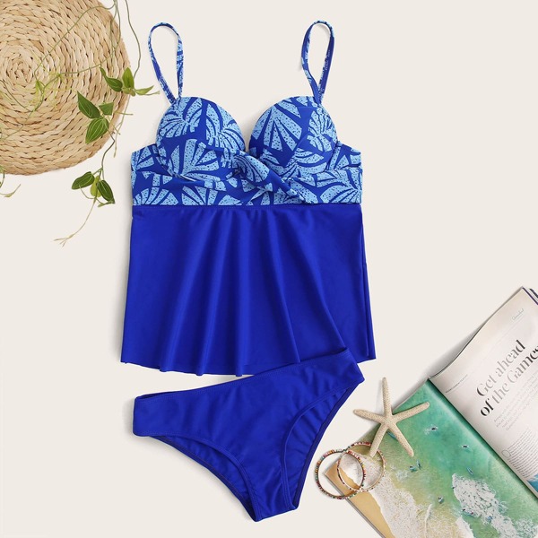 

Palm Print Underwire Tankini Set, Blue