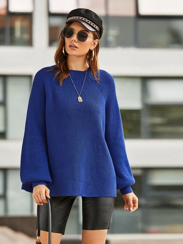 

Bishop Sleeve Ribbed Knit Sweater, Blue, Vlada