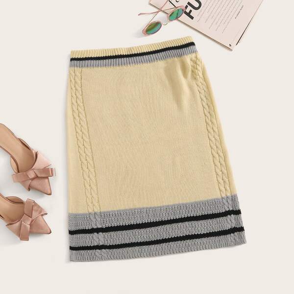 

Colorblock Striped Sweater Skirt, Beige