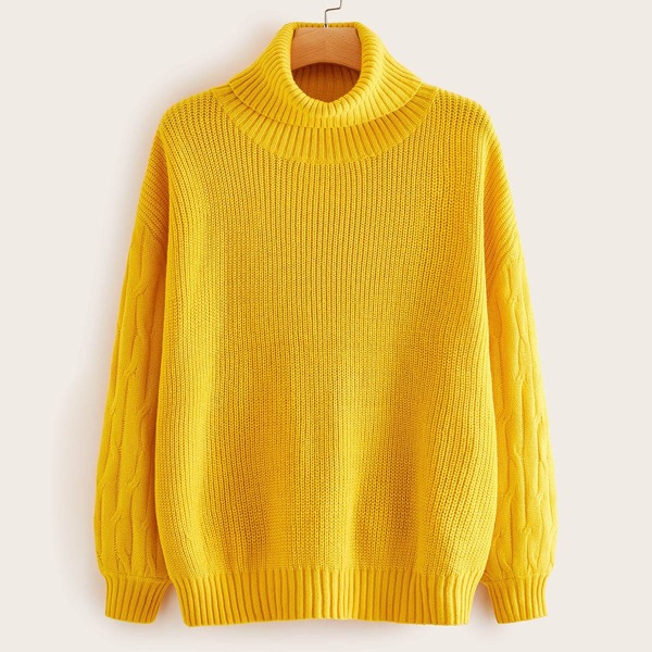 

Plus High Neck Cable Knit Sleeve Solid Sweater, Yellow bright