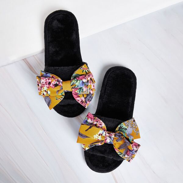

Bow Decor Fluffy Slippers, Black