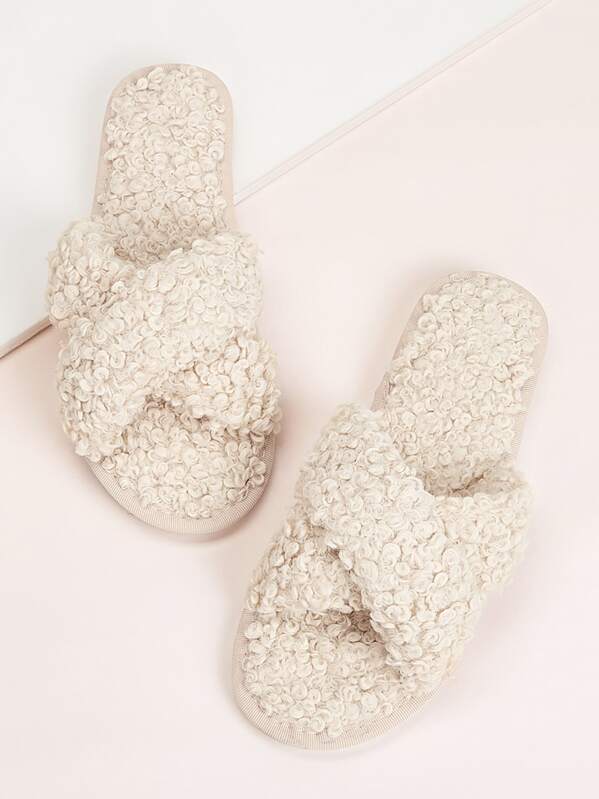 

Cross Strap Fluffy Slippers, Beige