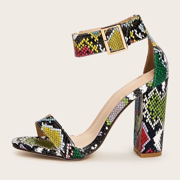 

Two Part Ankle Strap Snakeskin Chunky Heels, Multicolor