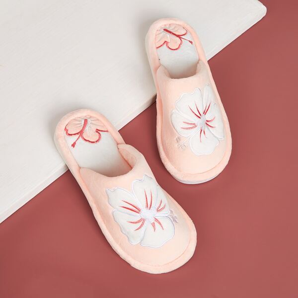 

Floral Embroidered Fuzzy Slippers, Pink