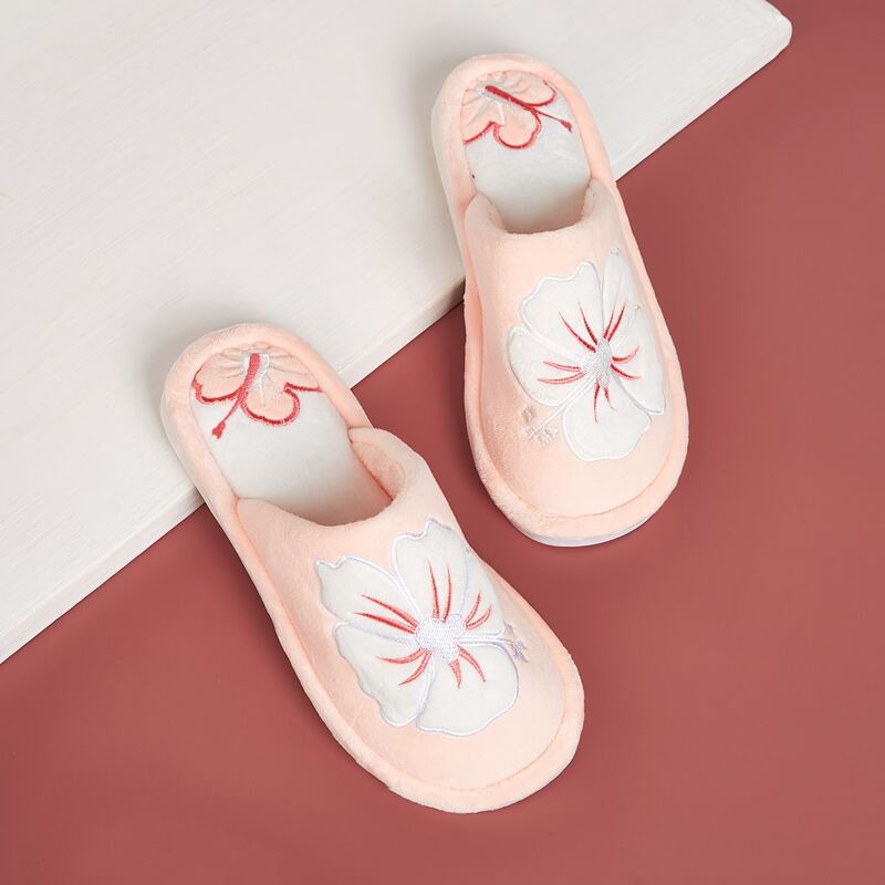 

Floral Embroidered Fuzzy Slippers, Pink