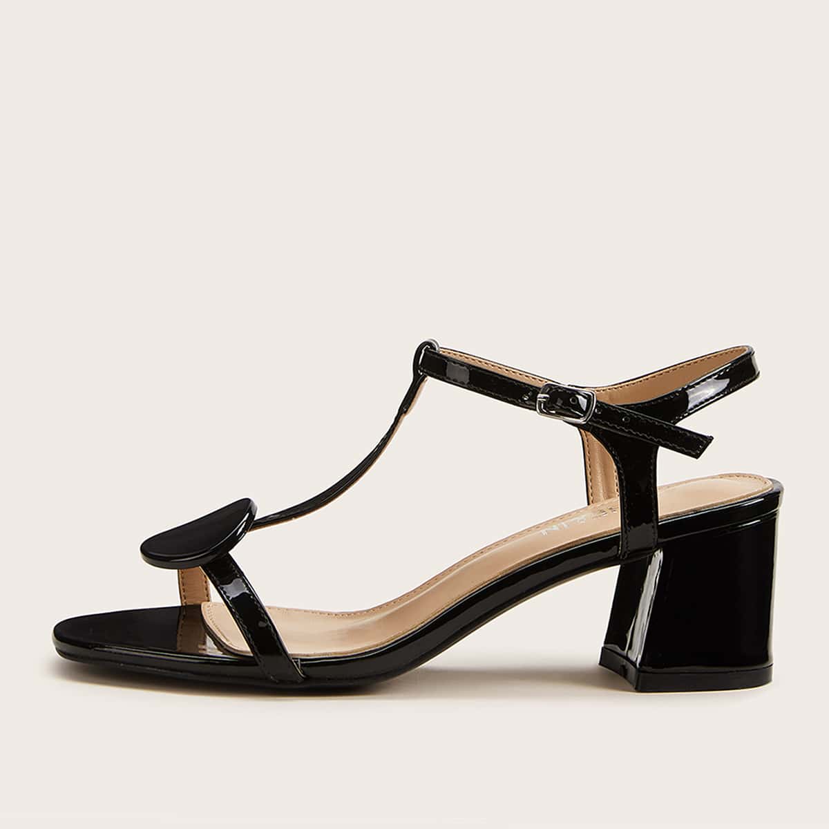 

Open Toe Buckle Strap Chunky Heels, Black