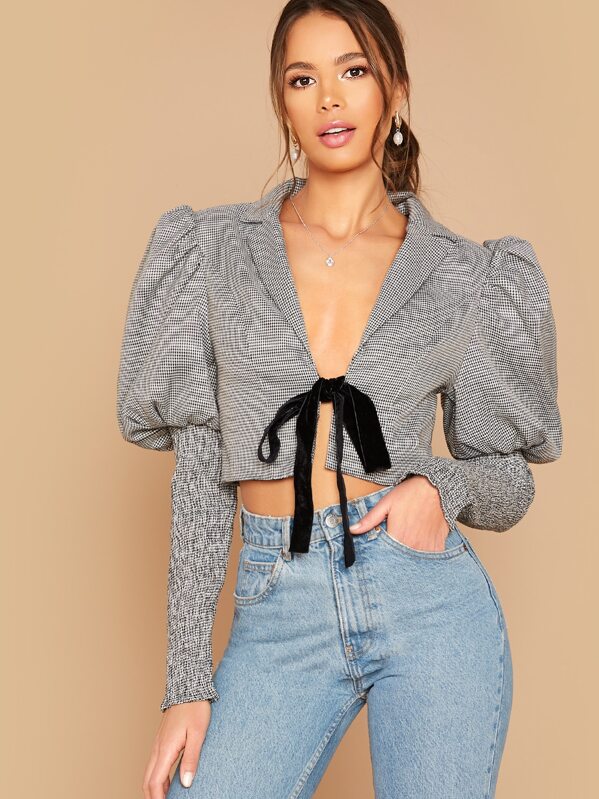 

Tie Front Gigot Sleeve Crop Blazer, Grey, Julia Peres