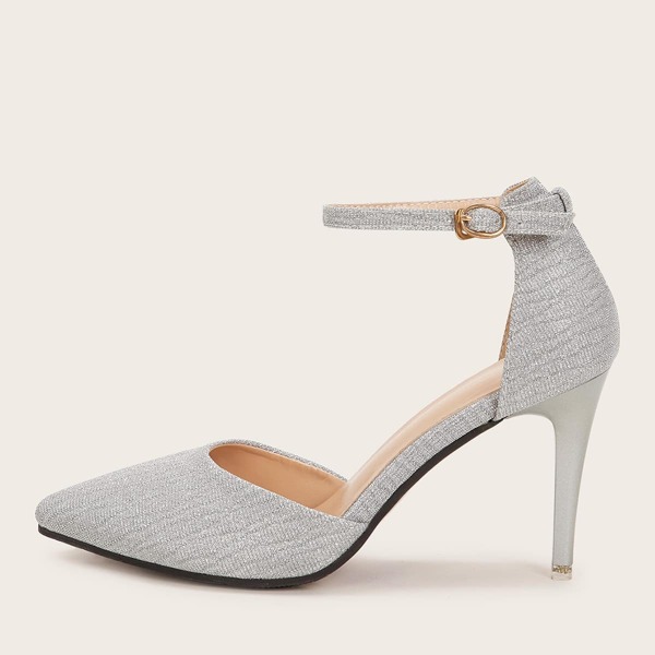 

Point Toe Ankle Strap Glitter Stiletto Heels, Silver