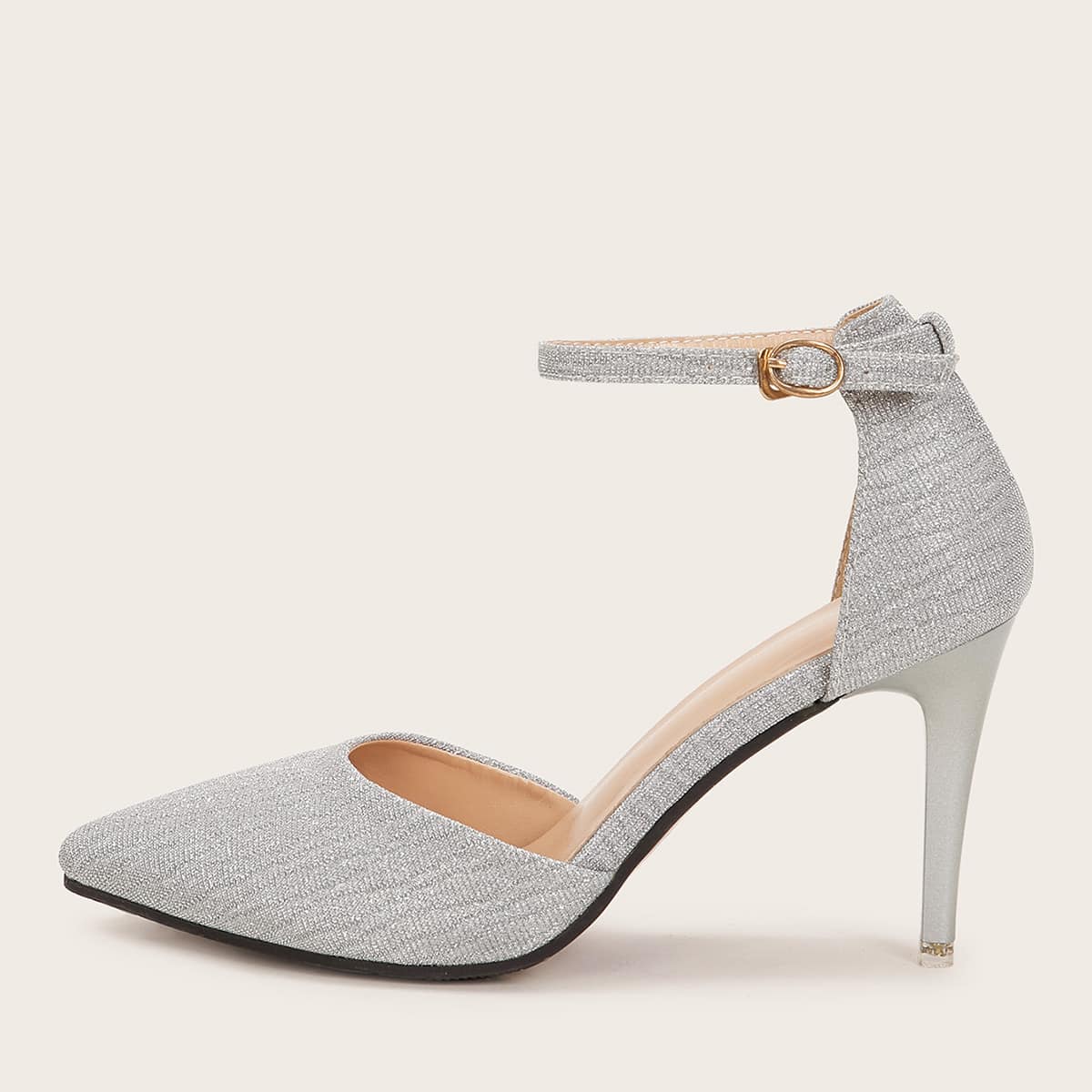 

Point Toe Ankle Strap Glitter Stiletto Heels, Silver