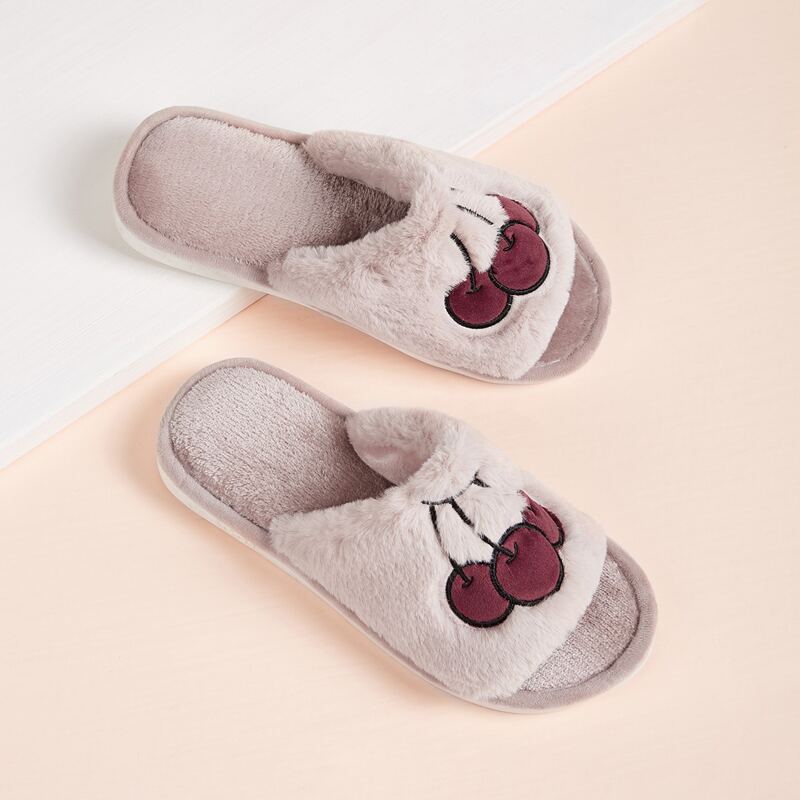 

Fruit Embroidered Fluffy Slippers, Pink