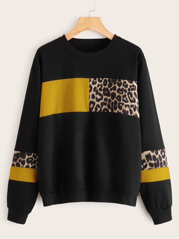 

Plus Colorblock Leopard Print Sweatshirt, Black
