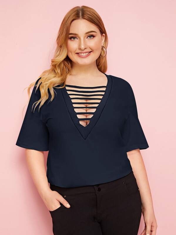 

Plus Strappy Front Solid Tee, Navy, Nora
