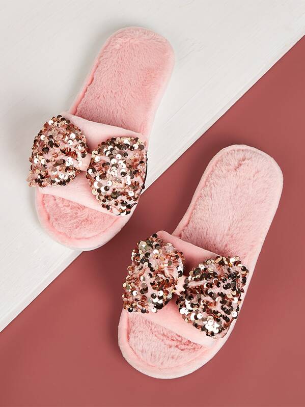 

Contrast Sequins Bow Decor Slippers, Pink