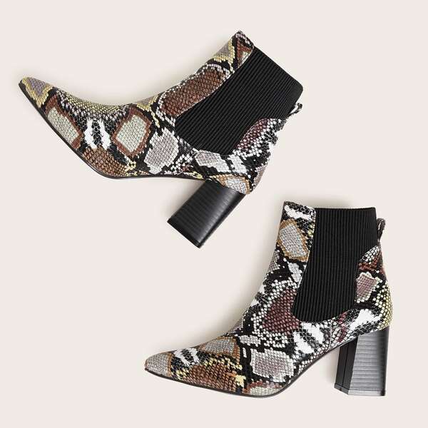 

Point Toe Snakeskin Chunky Chelsea Boots, Multicolor