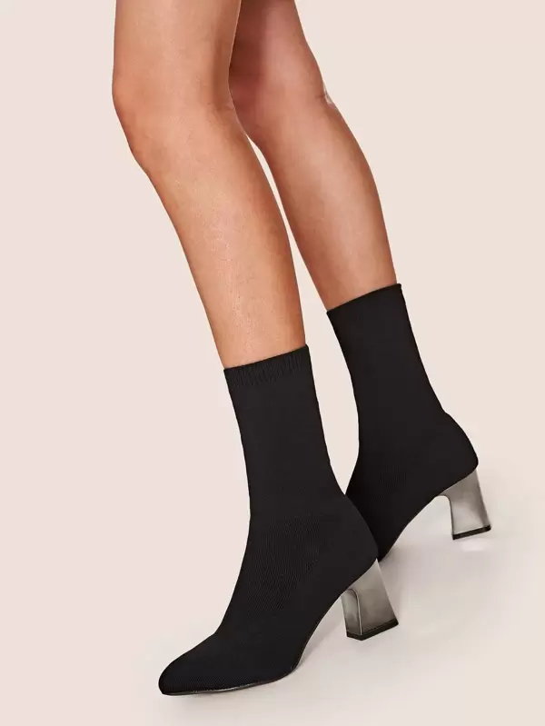 Point Toe Chunky Heeled Sock Boots