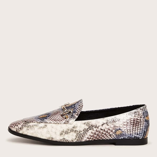 

Snakeskin Print Snaffle Decor Loafers, Multicolor