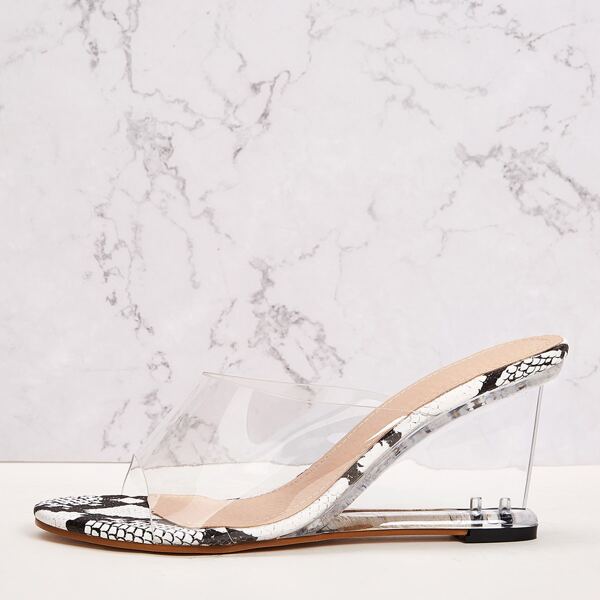 

Snakeskin Panel Clear Wedges Mules, Black and white