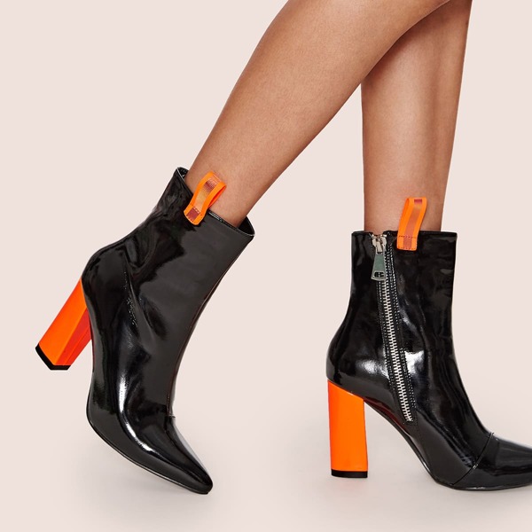 

Neon Orange Chunky Heeled Boots, Black