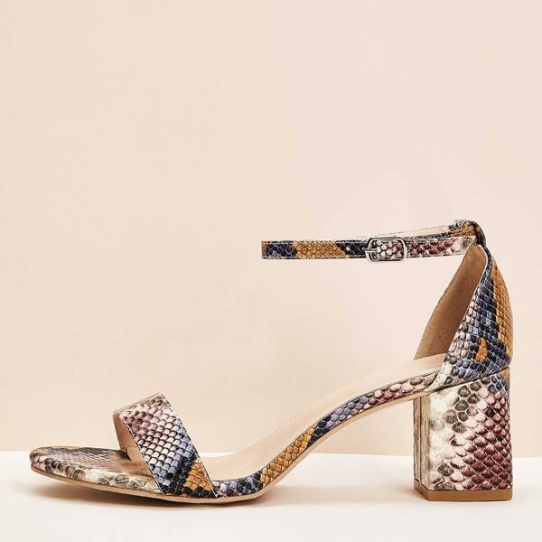 

Snakeskin Print Ankle Strap Chunky Heels, Multicolor