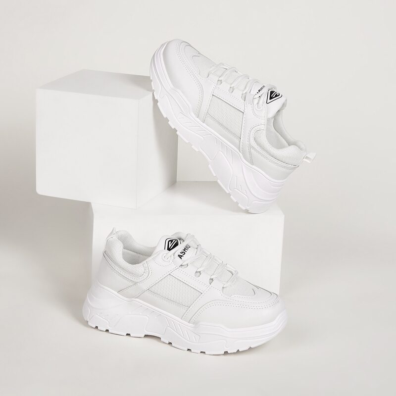 

Lace-up Front Mesh Panel Chunky Sneakers, White