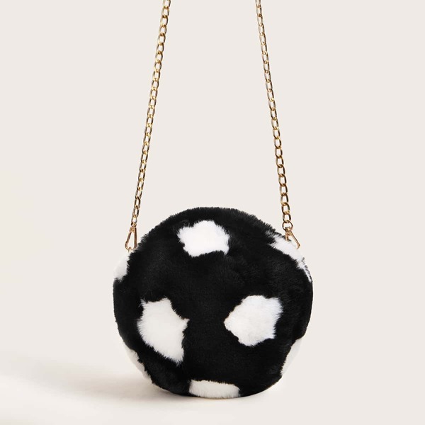 

Two Tone Faux Fur Chain Crossbody Bag, Black and white