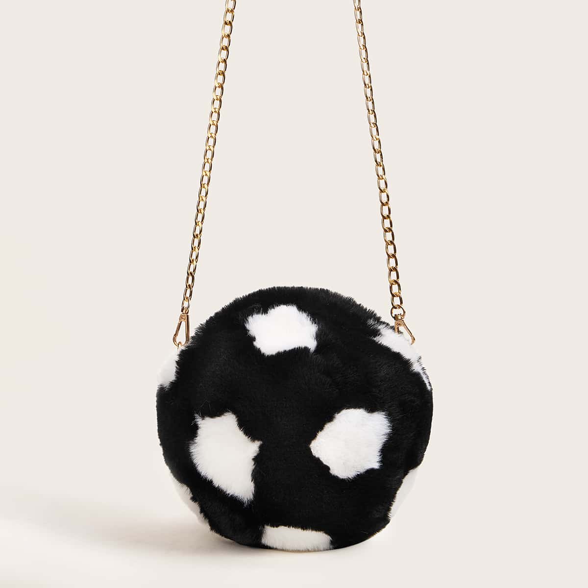 

Two Tone Faux Fur Chain Crossbody Bag, Black and white