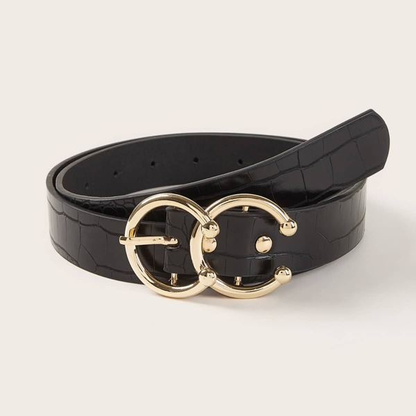 

Croc Embossed Round Metal Buckle Belt, Black