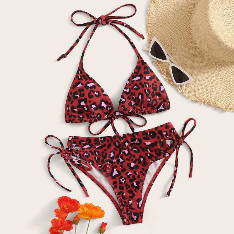 

Leopard Halter Top With Tie Side Bikini Set, Multicolor