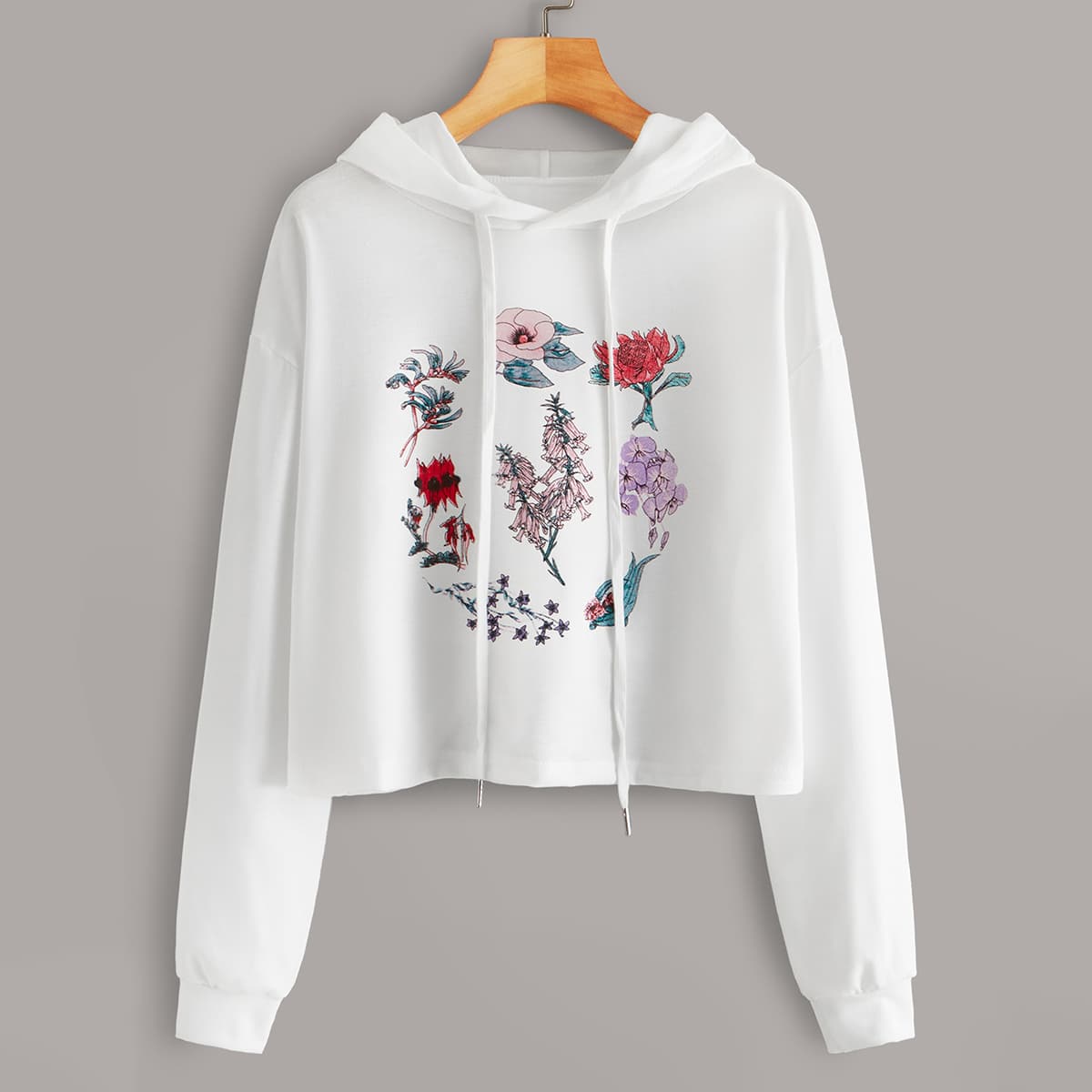 

Floral Print Drawstring Drop Shoulder Hoodie, White