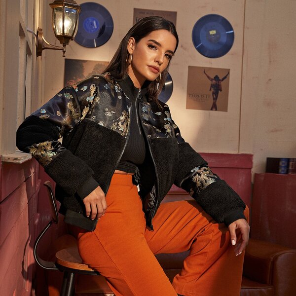 

Contrast Panel Dragon Print Teddy Jacket