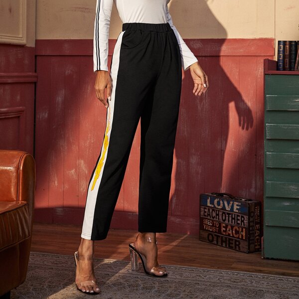 

Contrast Panel Fire Print Pants, Black