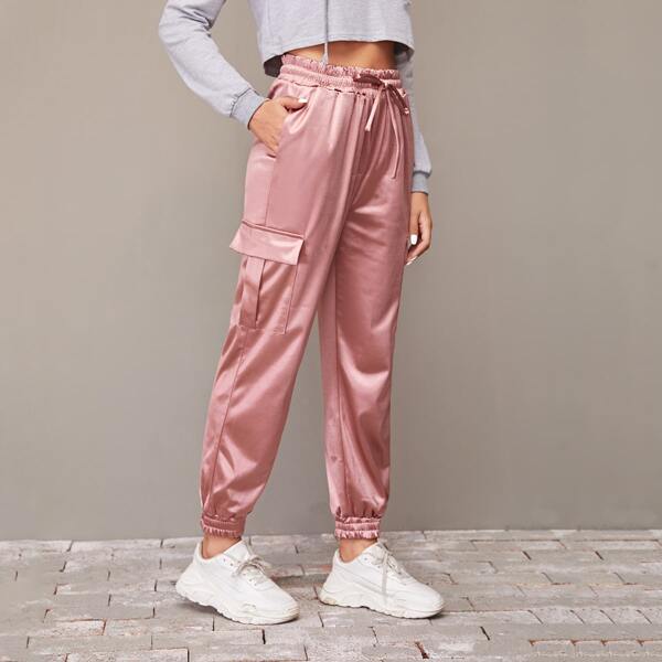 

Satin Flap Pocket Drawstring Sweatpants, Pink
