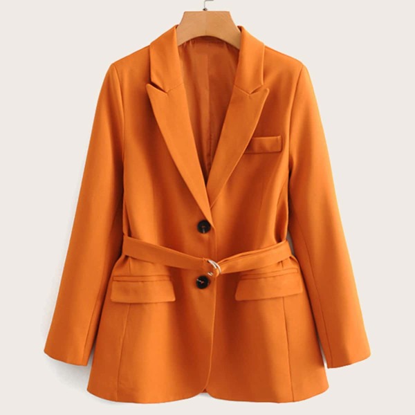 

Button Front Pocket Detail Belted Blazer, Orange